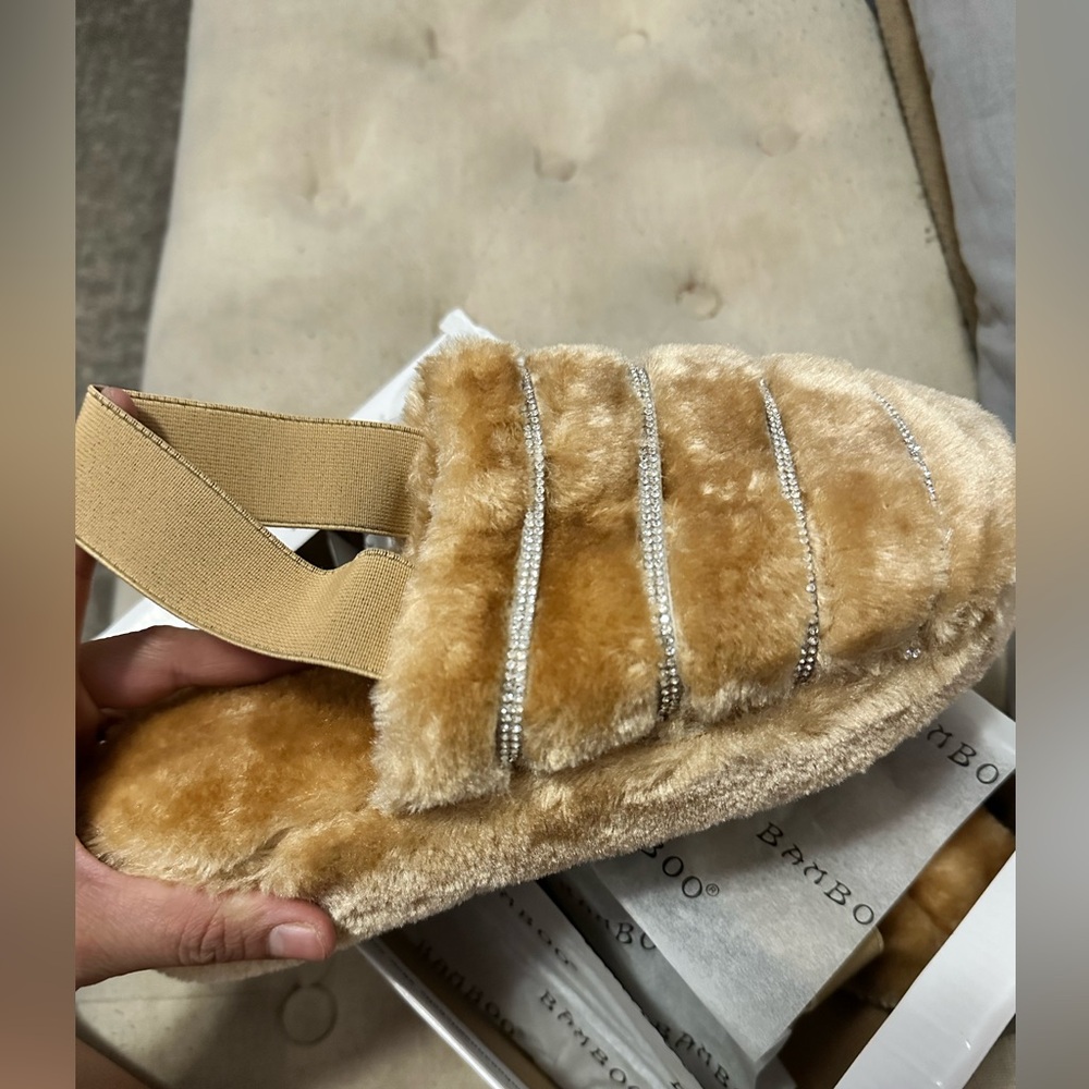 BAMBOO Tan Faux Fur Slippers with Rhinestone Straps